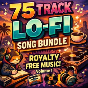 Può includere: Illustrazione colorata che promuove un pacchetto di canzoni Lo-Fi da 75 tracce. L'immagine presenta un gatto con le cuffie, un giradischi, una cassetta e una tazza di caffè. Il testo include "Royalty Free Music!" e "Volume 1."