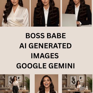 May include: A collage of images featuring a woman in various professional settings. She is wearing a white satin wrap top, a black blazer, and black pants. The text "BOSS BABE AI GENERATED IMAGES GOOGLE GEMINI" is displayed.