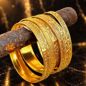 May include: A set of four gold-coloured metal bangles featuring intricate embossed patterns, including floral motifs and geometric shapes. The bangles have a polished finish and are stacked together, displaying a consistent metallic yellow hue.