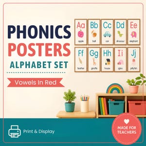 May include: A set of ten phonics posters featuring the alphabet from A to J, with illustrations for each letter. The text reads PHONICS POSTERS ALPHABET SET, Vowels In Red, Print & Display, and MADE FOR TEACHERS. The posters display letters in red and blue.