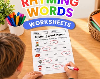 May include: A Rhyming Words Worksheets printable PDF featuring a Rhyming Word Match exercise. The page includes illustrations of a child, pot, ladybug, net, and can, with corresponding words to circle. A red marker is used to circle the word man.