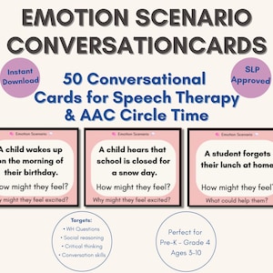 ConversationCards & Table Topics / 50 Emotion Scenario Conversational Cards, SLP Resource for AAC Circle Time and Core Boards
