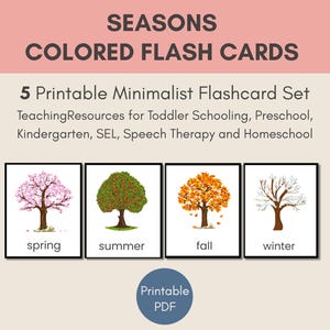 May include: A set of four rectangular flash cards featuring illustrations of trees representing the four seasons. The cards are labelled spring, summer, fall, and winter. The text reads SEASONS COLORED FLASH CARDS, 5 Printable Minimalist Flashcard Set, and Printable PDF.