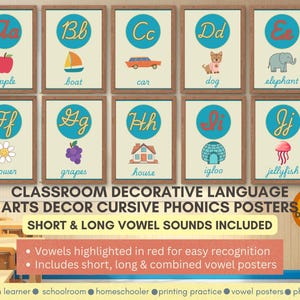 May include: A set of ten framed educational posters featuring cursive alphabet letters, each paired with a colorful illustration. The posters include the text "CLASSROOM DECORATIVE LANGUAGE ARTS DECOR CURSIVE PHONICS POSTERS". The posters are designed for early learning.