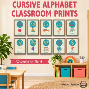May include: Ten educational wall prints featuring cursive alphabet letters from A to J. Each print displays a letter in a blue circle, a corresponding illustration, and a word in cursive script. The text CURSIVE ALPHABET CLASSROOM PRINTS is at the top.