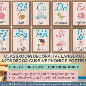 May include: A set of ten framed alphabet posters with cursive letters and corresponding illustrations. The posters feature words like "apple," "ball," and "car." The text "CLASSROOM DECORATIVE LANGUAGE ARTS DECOR CURSIVE PHONICS POSTERS" is also visible.