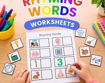 May include: A printable educational worksheet titled Rhyming Words featuring a grid with illustrations of a train, cake, number one, rabbit, ear, block, number three, and nose, with loose square cards showing a key, hose, clock, cloud, broom, dog, plane, and honey jar.