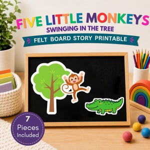 May include: A felt board story set titled FIVE LITTLE MONKEYS SWINGING IN THE TREE, featuring a brown monkey and a green crocodile cutout on a black board. The set includes 7 pieces, with a tree, monkey, and crocodile shown.