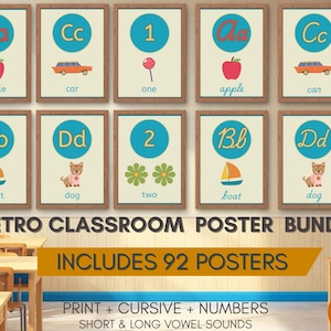 Retro Klassenzimmer Alphabet & Zahlenposter Bündel - Druck + Schreibschrift - Kurze und lange Vokale enthalten