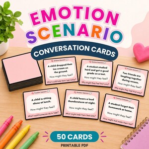 May include: A set of 50 Emotion Scenario conversation cards with pink backgrounds and black text. Each card presents a social situation and questions about feelings. The title reads Emotion Scenario Conversation Cards, and the text includes scenarios like a child dropping ice cream or a student forgetting homework.