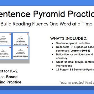 May include: A blue and white educational resource titled "Sentence Pyramid Practice." The image includes example sentence pyramids and text that reads "Build Reading Fluency One Word at a Time." It is designed for K-2 phonics-based reading practice.