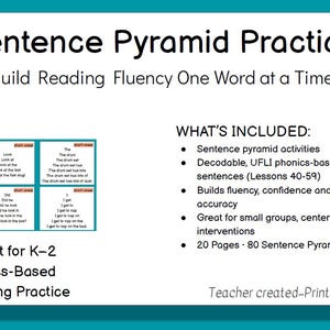 May include: A teal educational resource titled "Sentence Pyramid Practice" for K-2 phonics-based reading. Includes sentence pyramid activities, decodable sentences, and builds fluency. The text also says "Build Reading Fluency One Word at a Time."
