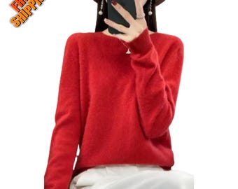 Merino Wool Knit Sweater – Women's Soft O-Neck Pullover