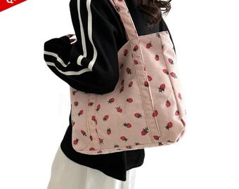 Corduroy Strawberry Tote Bag: Large Capacity Shoulder Bag for Beach and Daily Use