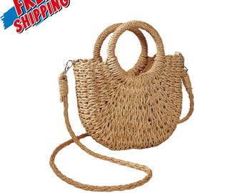 Handwoven Straw Rattan Half Moon Bag, Boho Summer Beach Crossbody Shoulder Purse