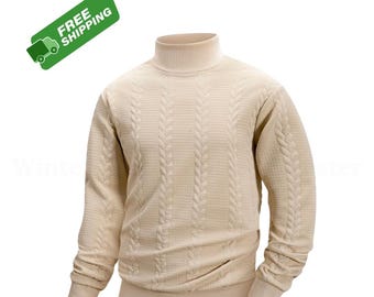 Men's Cable Knit Mock Neck Sweater – Slim Fit Warm Pullover Fall Wear