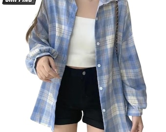 Plaid Check Long Sleeve Loose Fit Shirt, Vintage Autumn Casual Top
