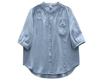 Women's Cotton Yarn Stand Collar Shirt: Retro Short Sleeve Blouse with Pocket