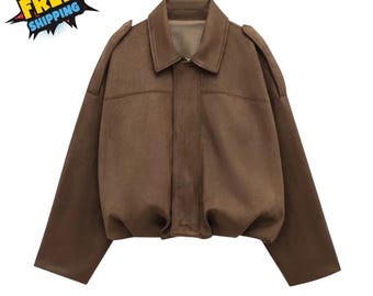 Women’s Suede Bomber Jacket Cropped Lapel Zipper High Street Racing Style Coat