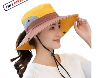Women's Dual-Tone Sun Hat With Ponytail Hole, Wide Brim Beach Fishing Cap