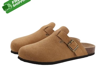 Suede Mules with Cork Insole, Arch Support Slides, Casual Comfort Shoes