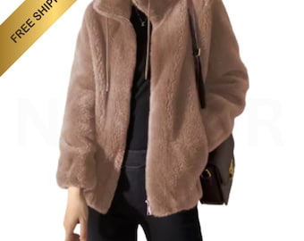 Women's Coral Velvet Fleece Jacket, Thickened Zipper Stand Collar Cardigan