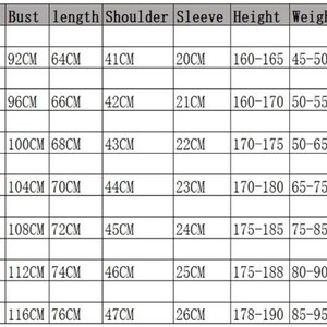 Pode incluir: Uma tabela de tamanhos de roupa, mostrando medidas em cent&iacute;metros e quilogramas. A tabela inclui tamanhos de S a 4XL, com medidas de busto, comprimento, ombro, manga, altura e peso. A altura varia de 160 cm a 190 cm.