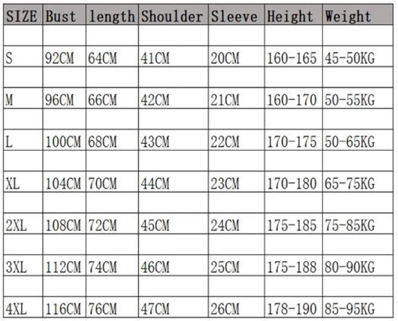 Pode incluir: Uma tabela de tamanhos de roupa, mostrando medidas em cent&iacute;metros e quilogramas. A tabela inclui tamanhos de S a 4XL, com medidas de busto, comprimento, ombro, manga, altura e peso. A altura varia de 160 cm a 190 cm.