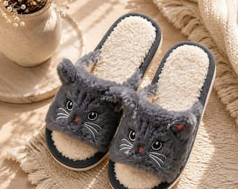Kattplyschtofflor, Fuzzy Thong-sandaler, Varma inomhustofflor, Söta tecknade djurtofflor för kvinnor