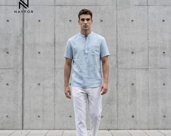 Men's Cotton Linen Henley Shirt: Short Sleeve, Lightweight, Breathable Pocket Tee