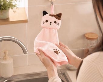 Hanging Cat Hand Towel: Soft Coral Velvet Kitchen Dishcloth (30x30cm)