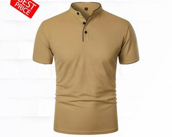 Men's Short-Sleeve Polo Shirt, Casual Summer Mandarin Collar Top, Breathable Solid Color Oversized Shirt