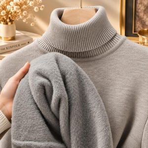 Könnte beinhalten: Ein hellgrauer Rollkragenpullover mit geripptem Kragen und weichem, flauschigem Innenfutter. Das Kleidungsstück ist mit einer glatten Strickaußenseite und einer plüschigen, aufgerauten Textur auf der Innenseite gefertigt, was einen Lagen-Look erzeugt.