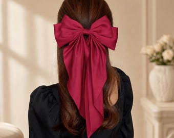 Big Satin Bow Hair Clip, Korean Long Ribbon Barrette, Solid Bowknot Spring Clamp