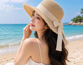 Korean Bow Straw Hat: Wide Brim Sun Visor for Beach Vacation Summer Travel