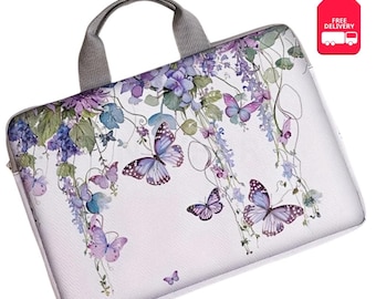 14 Inch Laptop Bag: Purple Butterfly & Cartoon Cat Polyester Briefcase Set