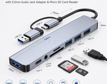 Adaptador USB C Hub, estación de acoplamiento 8 en 2, lector de tarjetas SD con conector de audio, convertidor multipuerto