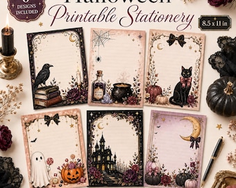 Peut inclure: Six feuilles de papeterie imprimable d'Halloween mesurant 8,5 x 11 pouces. Les motifs incluent un corbeau sur des livres, une toile d'araignée avec potion, un chat noir avec citrouilles, un fantôme, un manoir hanté et un croissant de lune.