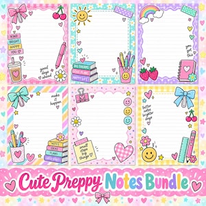 Puede incluir: Una colección digital de seis páginas de papelería con líneas en colores pastel, decoradas con lazos, corazones, caras sonrientes y útiles escolares. Cada página incluye elementos como cerezas, arcoíris, libros y textos motivadores.