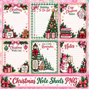 May include: Six rectangular Christmas-themed note sheets featuring festive illustrations including a gingerbread man, a decorated pine tree, a snowman, gift boxes, and lanterns. Each sheet contains lined or checklist spaces with decorative borders of bows, holly, and hearts.