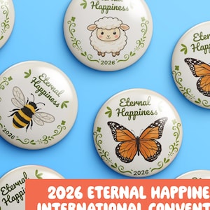 2026 JW International Convention Button Pins | English & Spanish | Eternal Happiness | - 2.25" - 1.25" - 1" - butterfly| sheep| Bee