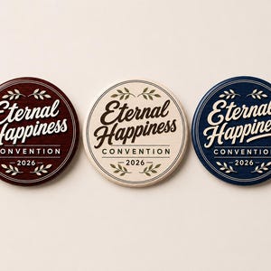 May include: Three circular wooden badges in dark brown, cream, and navy blue. Each features the text "Eternal Happiness CONVENTION 2026" in a script and sans-serif font, accented by small leaf illustrations at the top and bottom of the design.