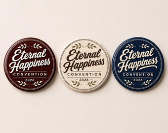 May include: Three circular wooden badges in dark brown, cream, and navy blue. Each features the text "Eternal Happiness CONVENTION 2026" in a script and sans-serif font, accented by small leaf illustrations at the top and bottom of the design.