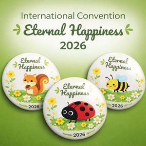 Może przedstawiać: Trzy okrągłe przypinki z napisem Eternal Happiness 2026. Każda przypinka przedstawia inne zwierzę z kreskówki: wiewiórkę, biedronkę i pszczołę, na tle zielonej trawy z żółtymi i białymi kwiatami.