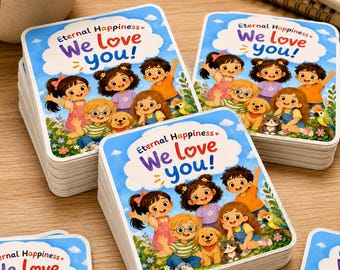May include: A stack of square stickers featuring a cartoon illustration of a diverse group of children, a puppy, a kitten, and a parrot. The text "Eternal Happiness We love you!" is printed in colorful letters against a blue sky background.