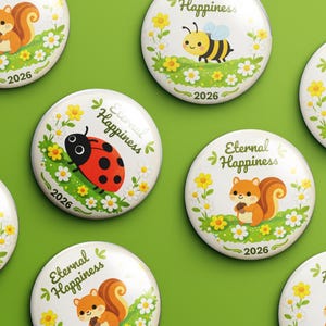 Puede incluir: Una colección de chapas redondas con ilustraciones de ardillas, una mariquita y una abeja sobre parches de hierba verde con flores amarillas y blancas. Cada chapa muestra el texto Eternal Happiness y el año 2026 en fuente de color verde.