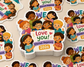 May include: A stack of die-cut stickers featuring a group of diverse children holding a sign that reads WE LOVE YOU! Eternal Happiness 2026. The illustration includes children with various hair colors and styles, wearing colorful shirts.