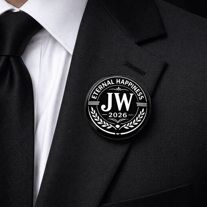 May include: A circular black pin featuring white text that reads ETERNAL HAPPINESS, the initials JW, and the year 2026. The design includes a decorative laurel wreath motif and horizontal lines, pinned to the lapel of a black suit jacket.