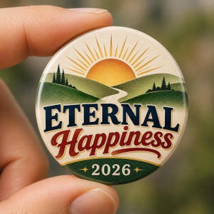 May include: A round pin-back button featuring a graphic of a sunrise over green hills and a winding path. The text ETERNAL Happiness is printed in dark blue and red, with the year 2026 displayed in white at the bottom on a dark green background.