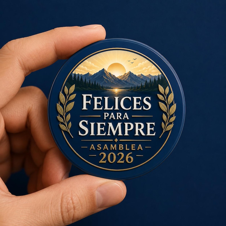 Puede incluir: Un pin circular azul con un paisaje de monta&ntilde;a al amanecer, un bosque y un lago. El texto FELICES PARA SIEMPRE, ASAMBLEA y 2026 aparece en letras doradas. Dos ramas de laurel doradas enmarcan el texto central sobre un fondo azul oscuro.
